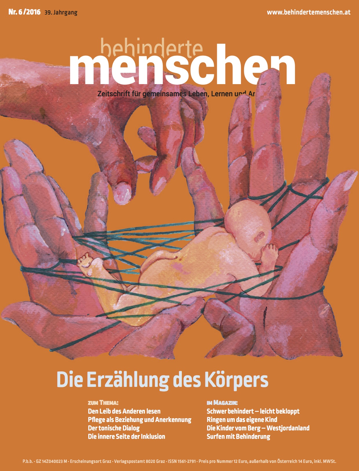 Titelbild der Zeitschrift BEHINDERTE MENSCHEN, Ausgabe 6/2016 "Die Erzählung des Körpers"