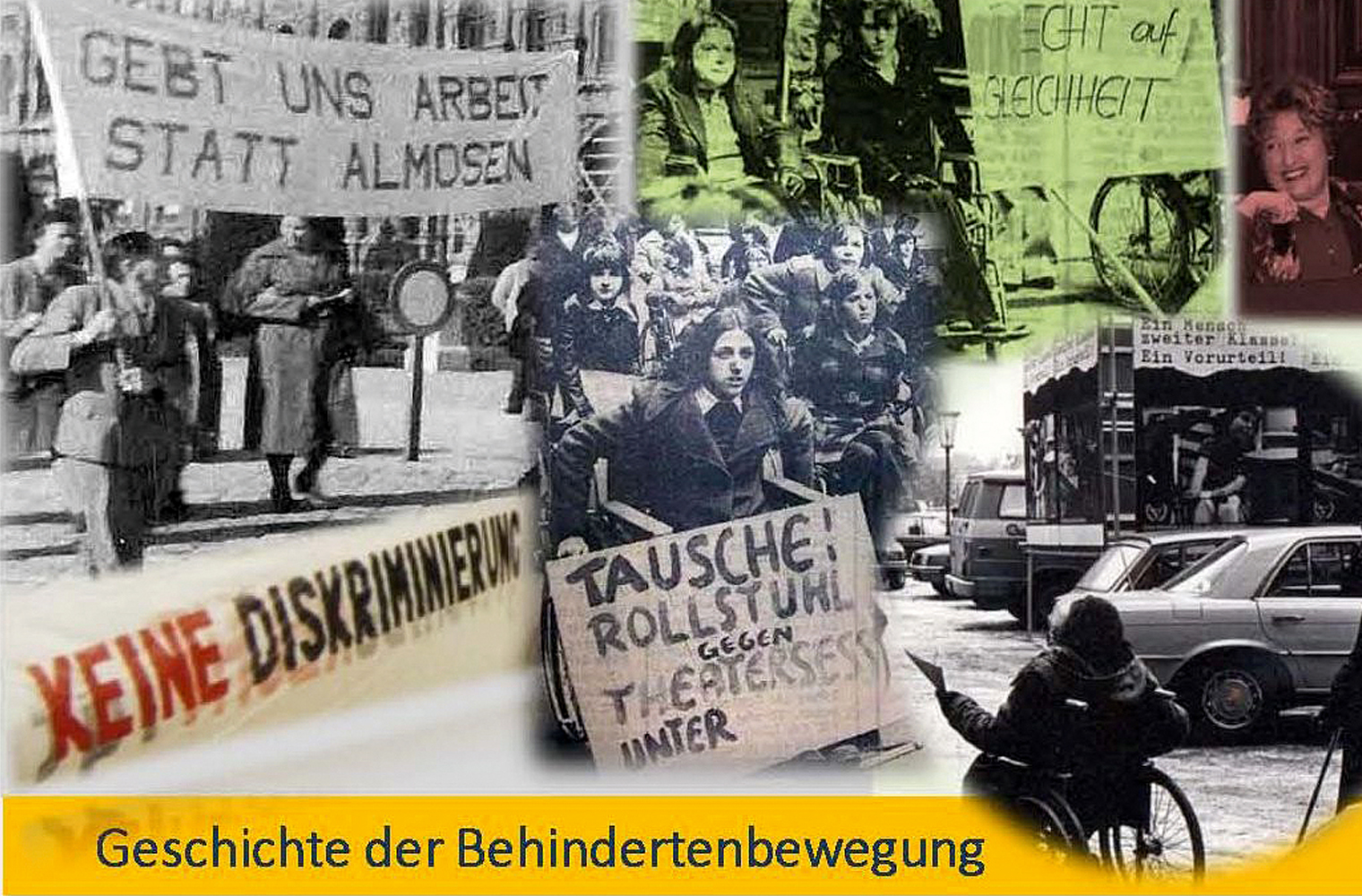 Collage mit verschiedenen Fotos aus der Geschichte der Selbstbestimmt Leben Bewegung in Österreich - Foto: Unsere Zeitung (Hannah Wahl)