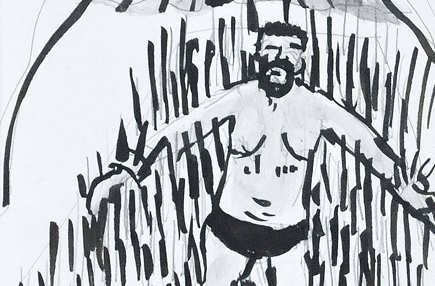 Die Schwarz-Weiß-Zeichnung zeigt einen bärtigen Mann. Er ist umgeben von vielen schwarzen Strichen, die wie Stacheln wirken.