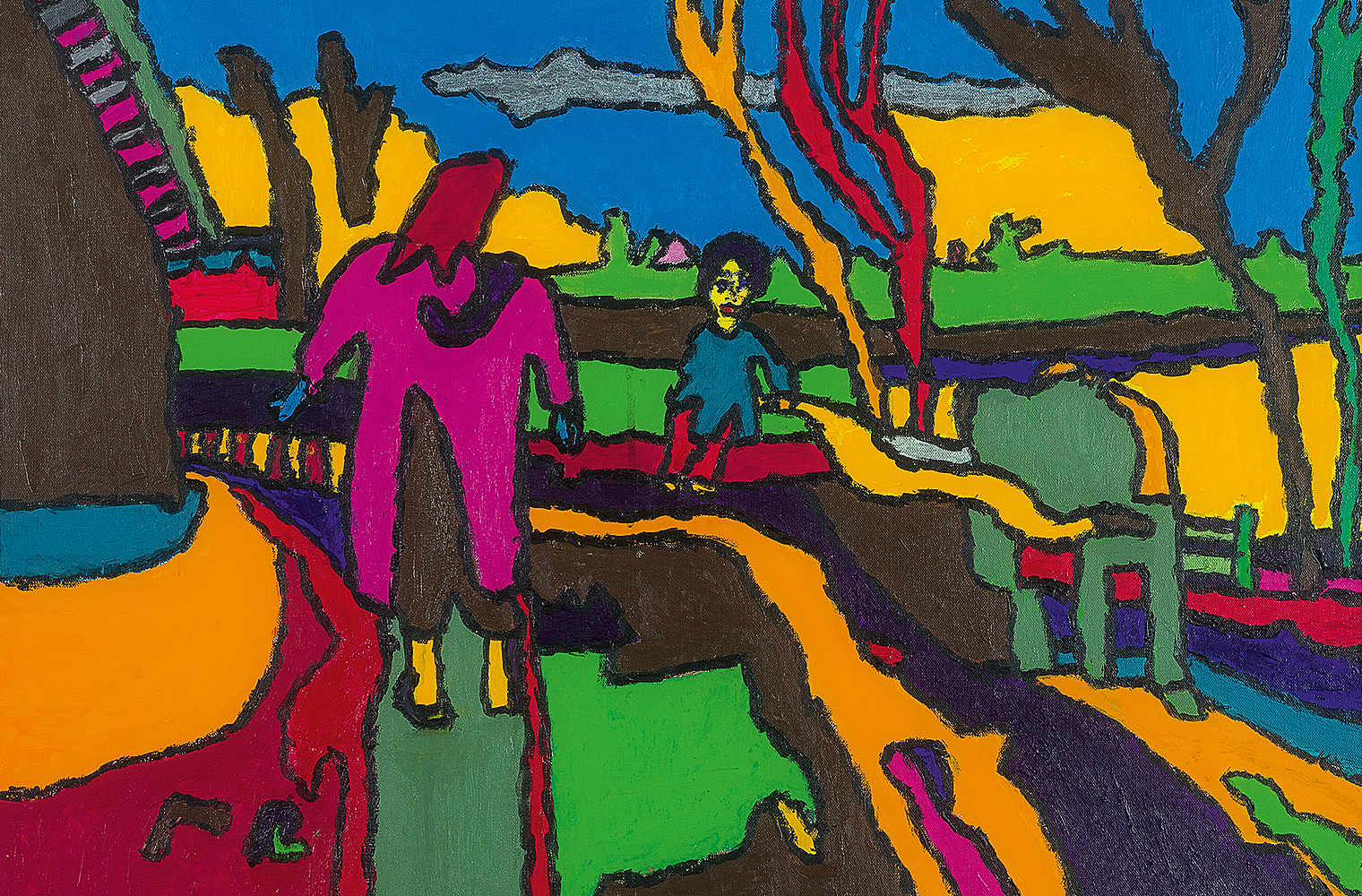 Farbenkräftige Landschaft mit zwei Figuren: Die kleinere Figur blickt den Betrachter an, die zweite ist von hinten zu sehen.