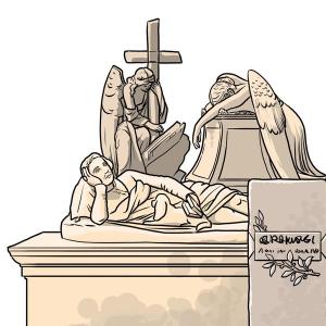 Karikatur von einem Grabstein am nichtkatholischen Friedhof  in Rom