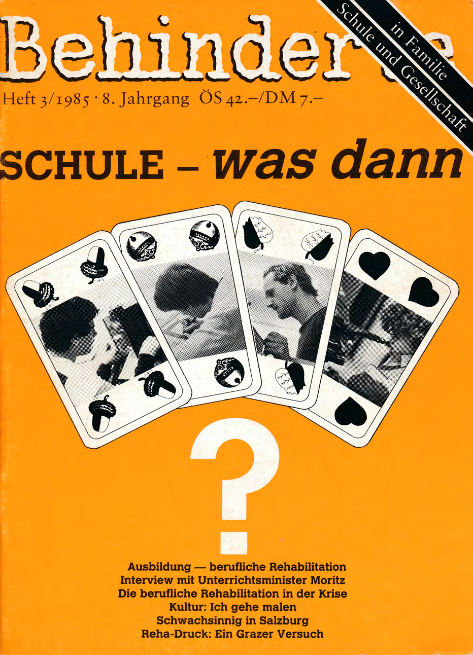Titelbild der Zeitschrift BEHINDERTE MENSCHEN, Ausgabe 3/1985 "Schule – was ist das?"