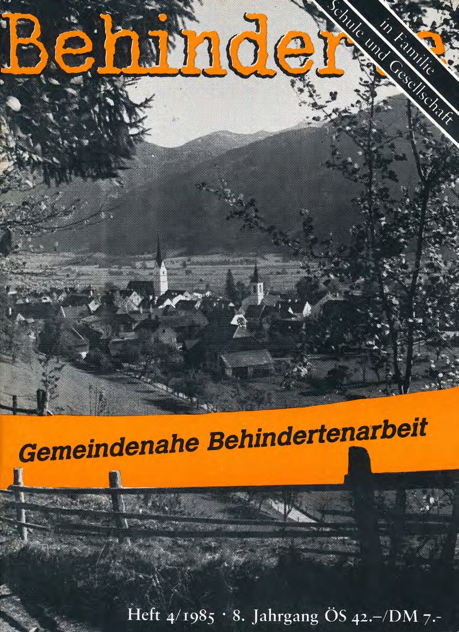 Titelbild der Zeitschrift BEHINDERTE MENSCHEN, Ausgabe 4/1985 "Gemeindenahe Behindertenarbeit"