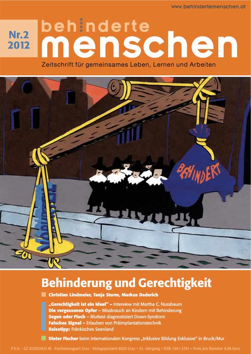 Titelbild der Zeitschrift BEHINDERTE MENSCHEN, Ausgabe 2/2012 "Behinderung und Gerechtigkeit"