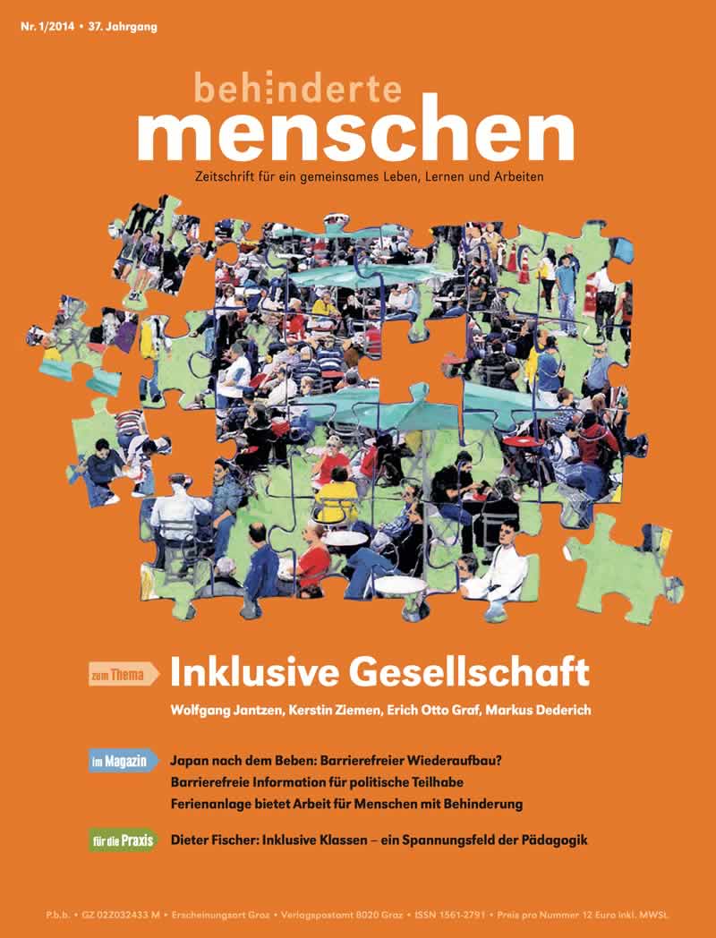 Titelbild der Zeitschrift BEHINDERTE MENSCHEN, Ausgabe 1/2014 "Inklusive Gesellschaft"