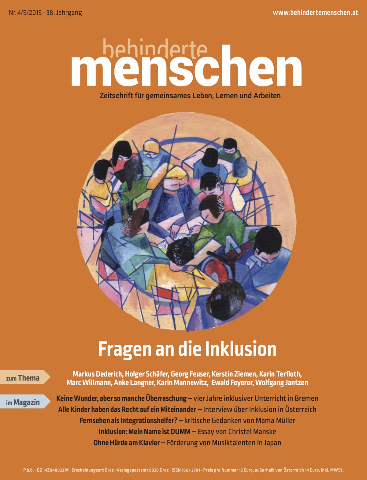 Titelbild der Zeitschrift BEHINDERTE MENSCHEN, Ausgabe 4/5/2015 "Fragen an die Inklusion"