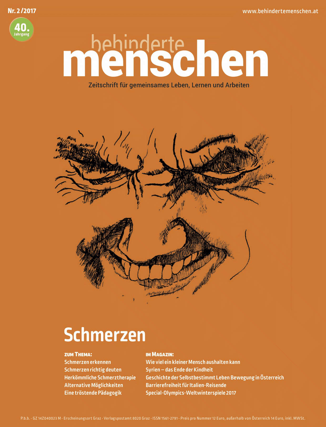 Titelbild der Zeitschrift BEHINDERTE MENSCHEN, Ausgabe 2/2017 "Schmerzen"